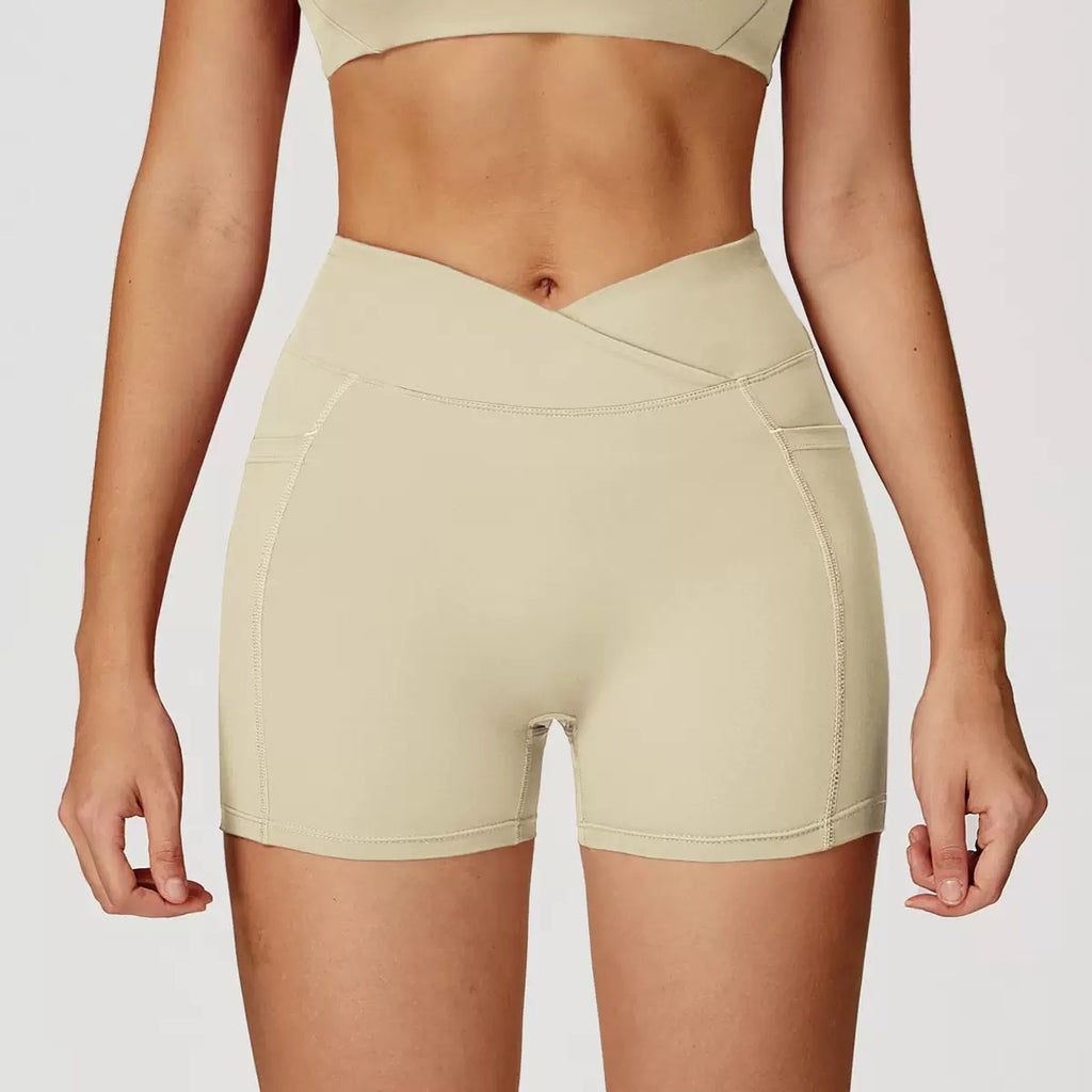 Crossover Waist Yoga Shorts with Pockets