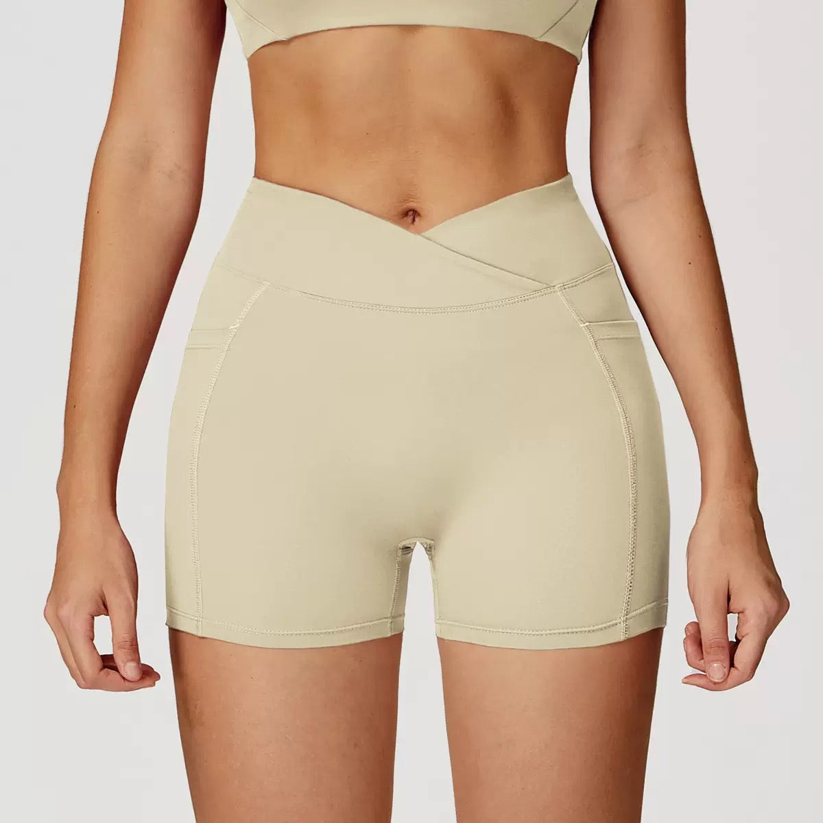 Crossover Waist Yoga Shorts with Pockets